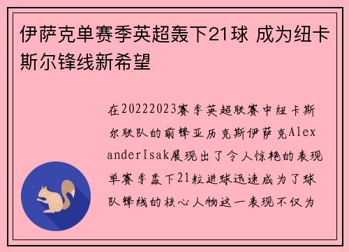 伊萨克单赛季英超轰下21球 成为纽卡斯尔锋线新希望