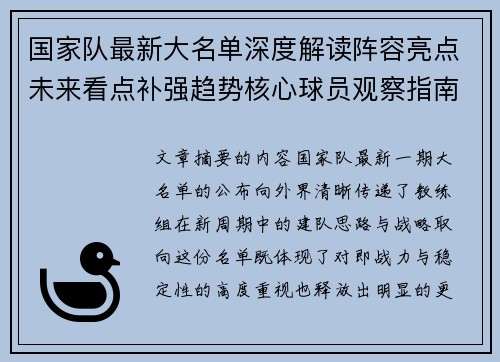 国家队最新大名单深度解读阵容亮点未来看点补强趋势核心球员观察指南 国家队最新大名单深度解读阵容亮点未来看点补强趋势核心球员观察指南