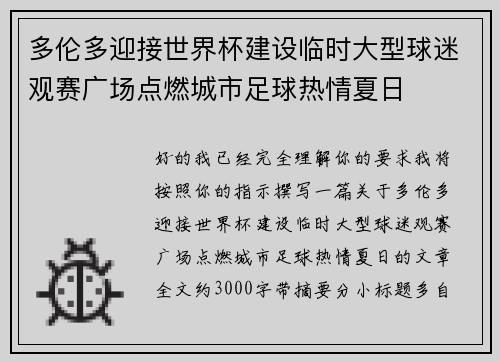 多伦多迎接世界杯建设临时大型球迷观赛广场点燃城市足球热情夏日