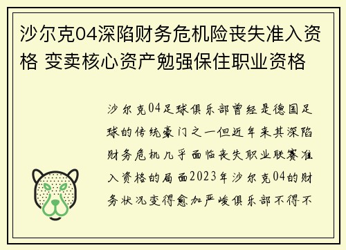 沙尔克04深陷财务危机险丧失准入资格 变卖核心资产勉强保住职业资格