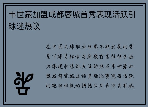 韦世豪加盟成都蓉城首秀表现活跃引球迷热议